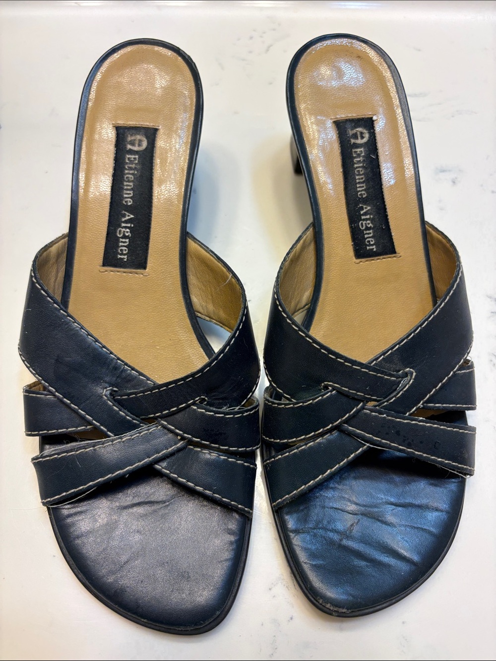 Etienne Aigner Navy Leather Crisscross Slide Sandals